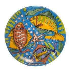 Hand-painted Mexican Talavera bowl vibrant design with fish and marine life.